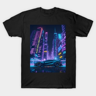 Dark Neon City Sports Car T-Shirt